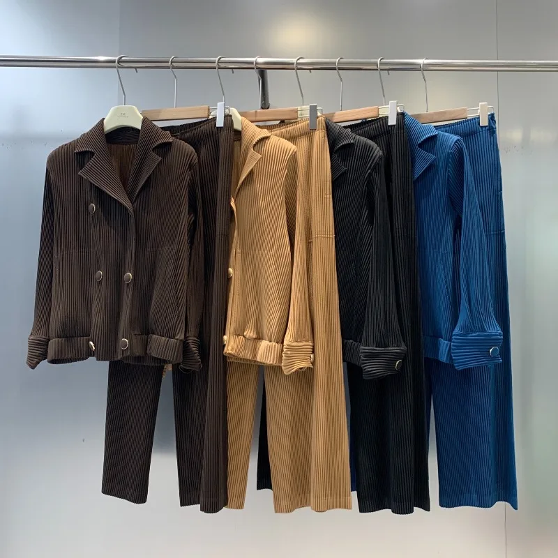 

Miyake плиссированная женская осенне-зимняя куртка с лацканами и длинными рукавами, куртка с эластичным поясом, прямые брюки, 2 комплекта пригородной одежды