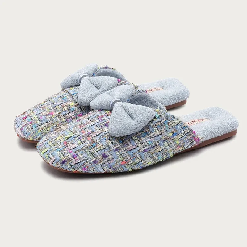 

Concise Fluffy Cotton Slippers Women Bowknot Decoration Designer Home Flat Slippers Comfort Lightweight Soft Bottom Winter Shoes