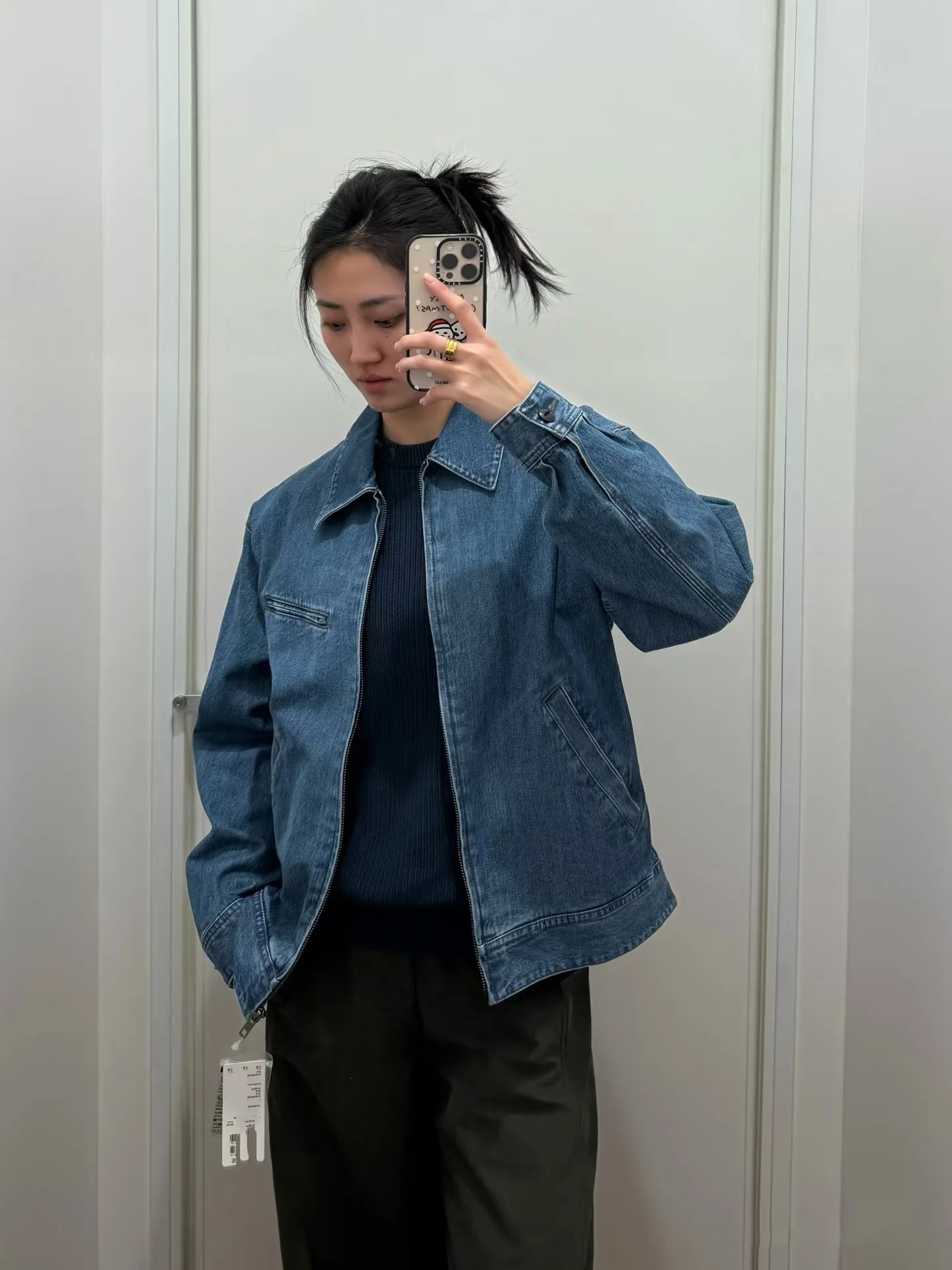 캐주얼 지퍼 데님 재킷 디트로이트 스타일 남녀공용 루즈핏 롱 슬리브 칼라 코트 코튼 뉴트럴 G