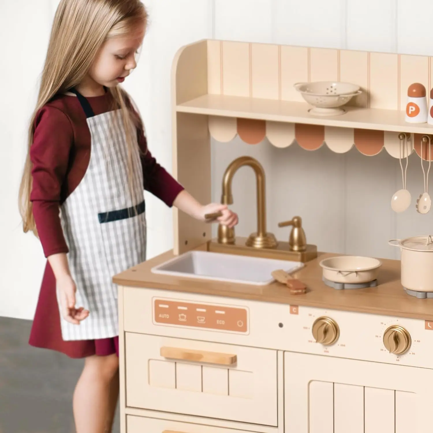 Jogo de brinquedo de cozinha para crianças, torneira dourada, pia, forno, fogão, armário, estilo vintage, cozinha