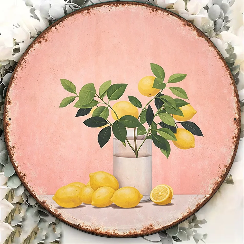 1pc 8*8In/20X20Cm 2D Flat Round Sign, Vintage Plaque about Fresh Lemons, Fruit And Flower Decorative Sign, Suitable for Kitchen