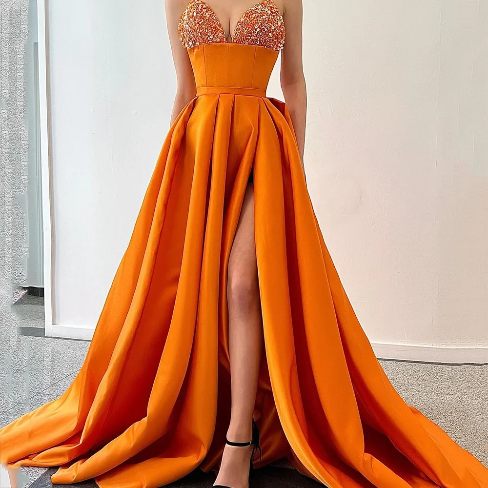 

Customized Orange Evening Dresses Spaghetti Strap V-Neck Sexy Formal Party Dress Pleat Side Sequin Long Evening Gowns High Qual