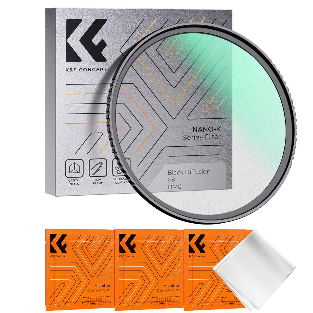 K&F CONCEPT Zwart diffusiefilter 1/8 3 stuks Reinigingsdoekje met 18 meerlaagse coatings 55 mm 58 mm 62 mm 67 mm 82 mm Nano K-serie