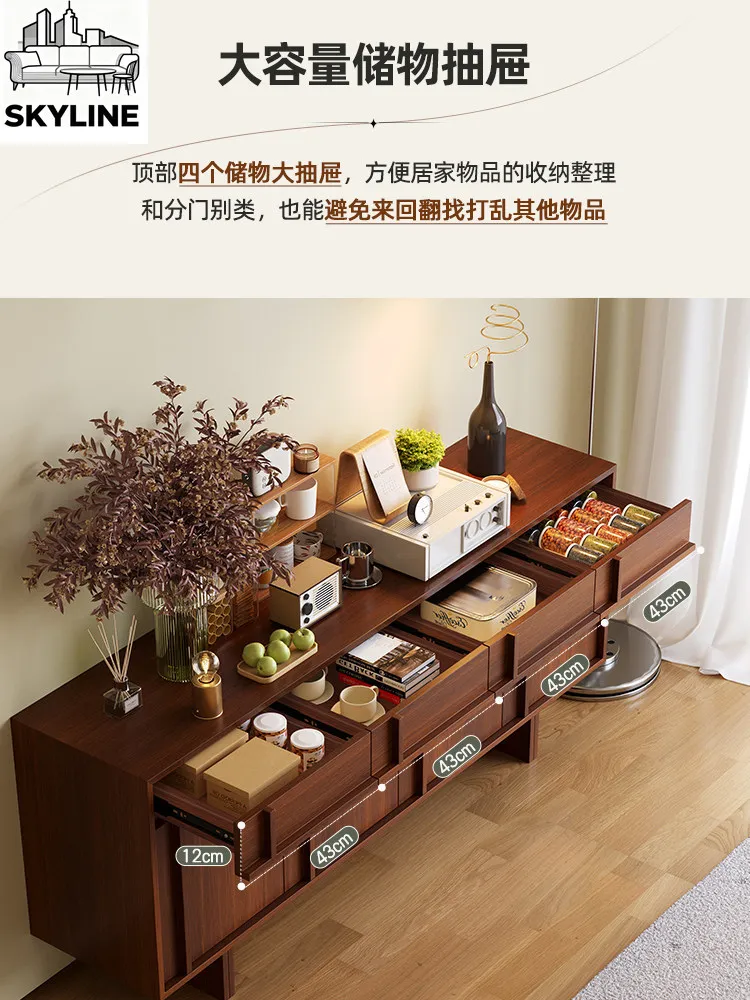 Retro Bone Line Walnut Sideboard, Integrated Wall-mounted Storage Cabinet for Dining Room