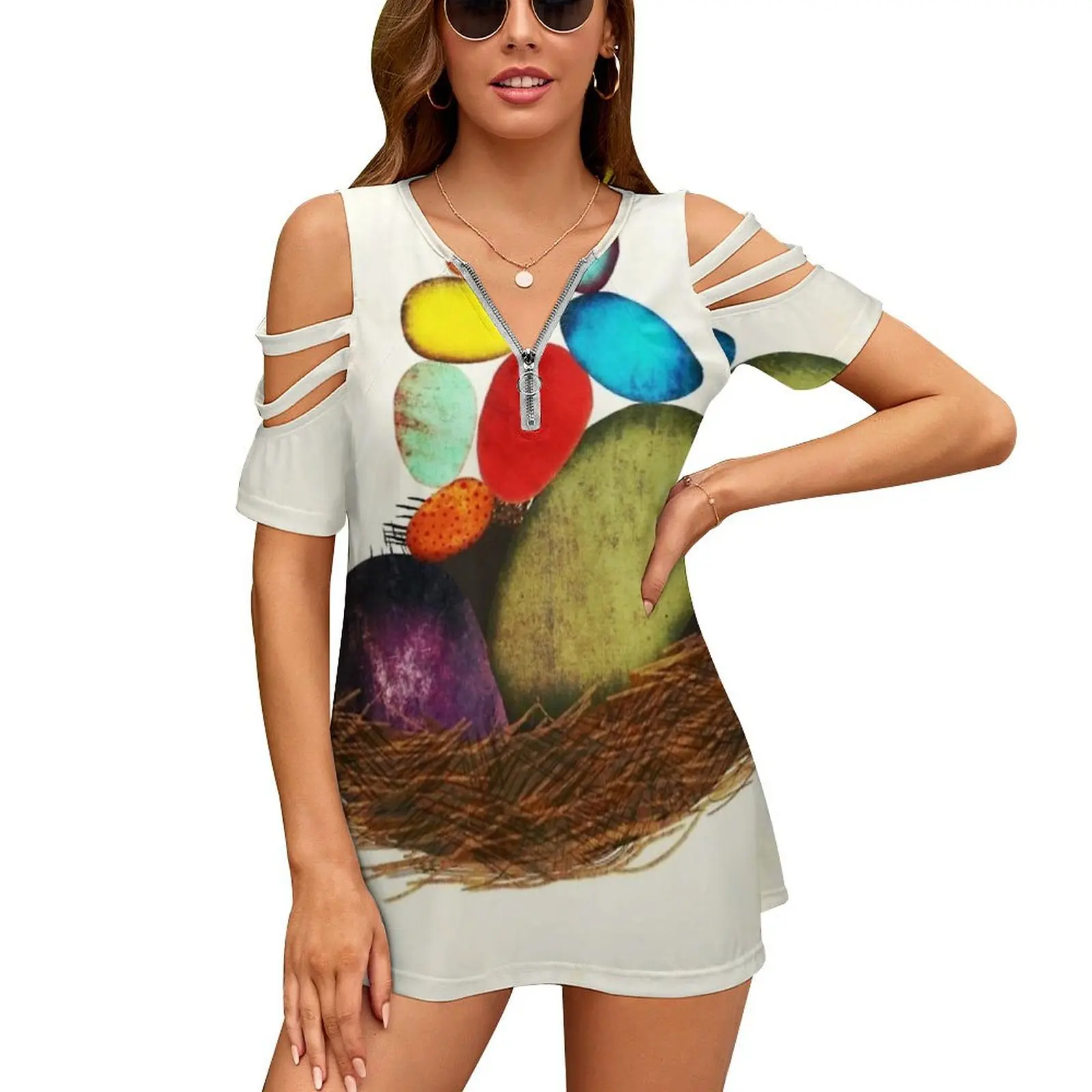 My Colorful Bird Babies New Fashion Zip Off Shoulder Top Short-Sleeve Women Shirt Eggs Mexico Rupydetequila Colorful Rainbow