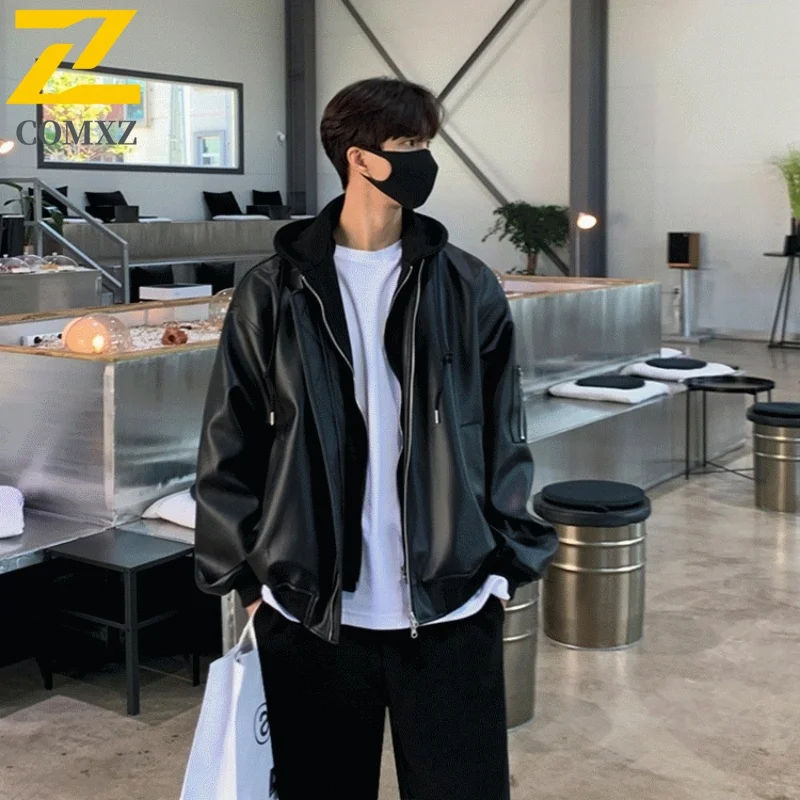 

2025 High-end Leather Jacket Men's Autumn Fashion Hooded Windproof Faux Leather Coat Street Retro Black Motorcyclist PU Jackets