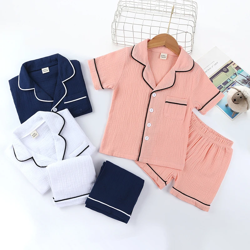 Summer New Children Pajamas Suit Cotton Linen Kids Soild Pajamas Set Boys Homewear Pure Girls Short Sleeve 2pcs Pyjamas Set  123