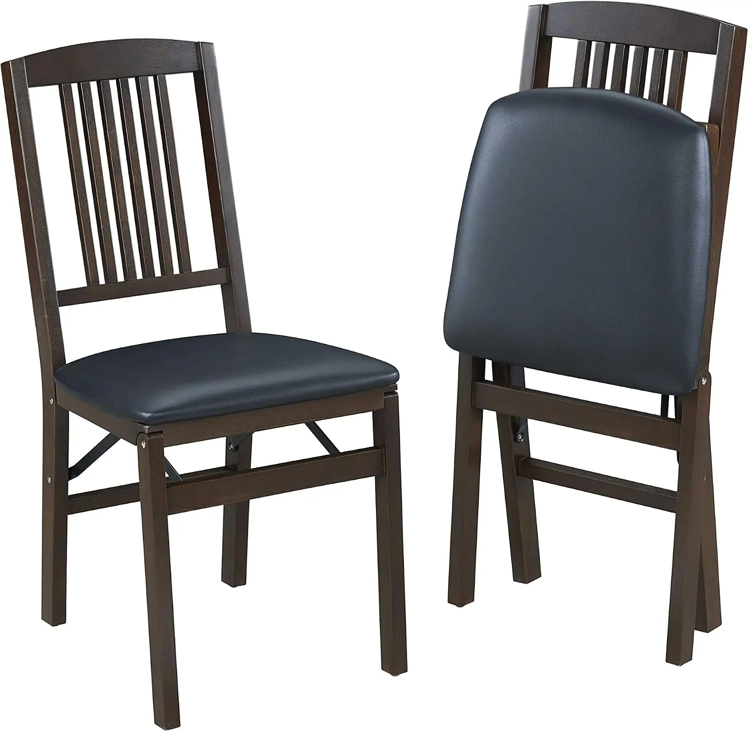 MECO Mission Premium Solid Wood Dining Table Folding Chair Set with Fabric Padded Upholstered Seat, Espresso Finish/Black (2 Pac