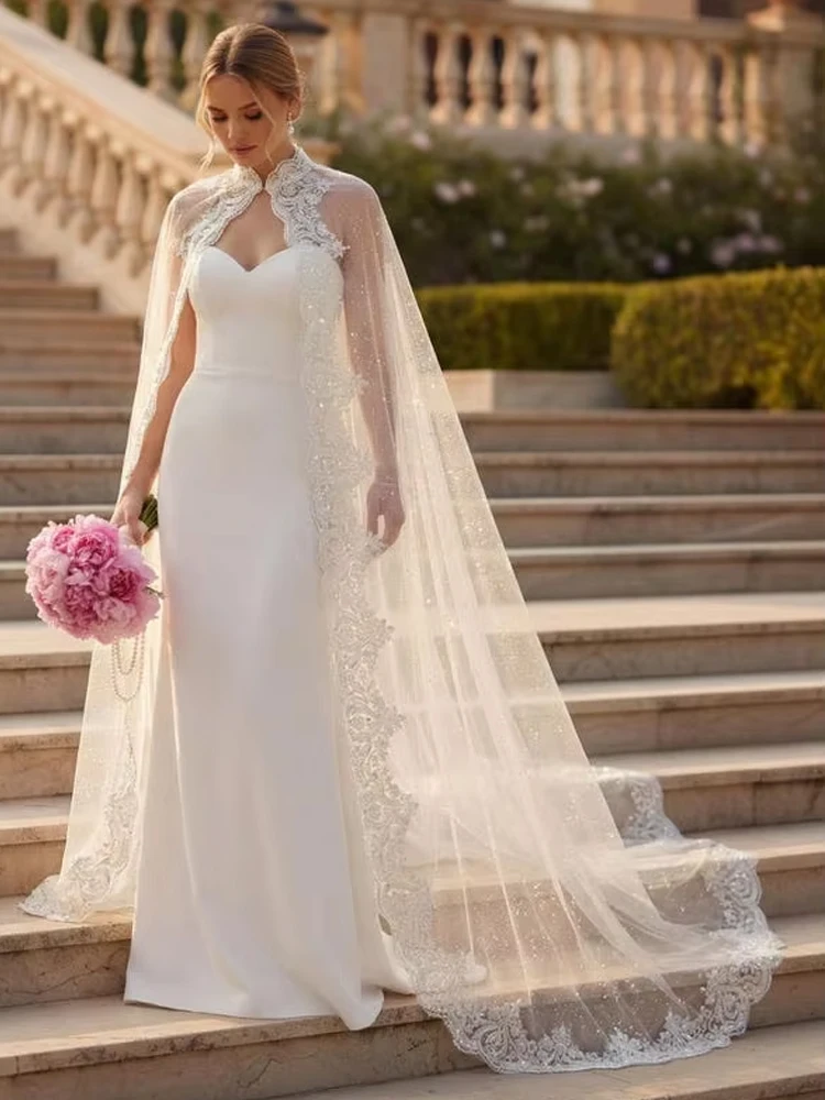 Beaded Lace Hem Long Bridal Wrap Cape Wedding Cape Women Jacket Sheer Tulle Customized image 3