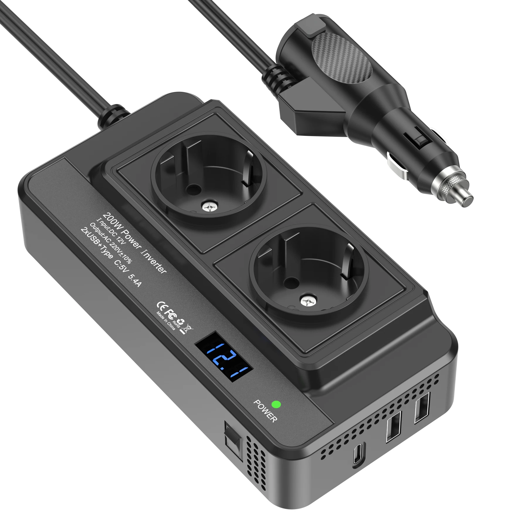 

200W car inverter, 12V to 220V, 3USB fast charging +2AC socket, multiple safety protections, suitable for cars, SUVs and trucks