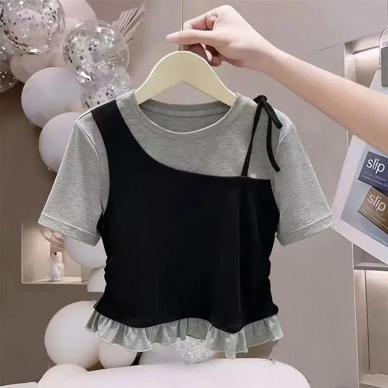 Girls' Patchwork Color Block Short Sleeve Korean Kids False Two-Piece T-Shirt Summer Children Fashion Version Tops Tees Gifts