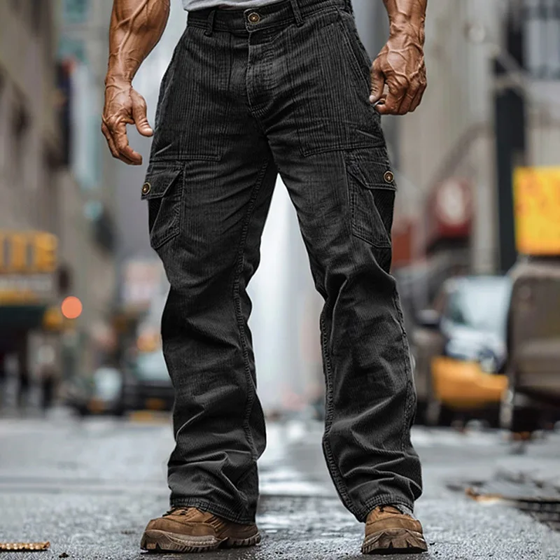 

Новая модная мужская уличная одежда, уличная одежда, мужские однотонные простые базовые повседневные модные вельветовые брюки-карго с несколькими карманами