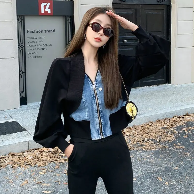 

Denim Coat Fur Womens Spring Raglan Spliced Velvet O-Neck Urban Balloon Sleeved Gentle Romantic Lacework Festival Jackets Casual