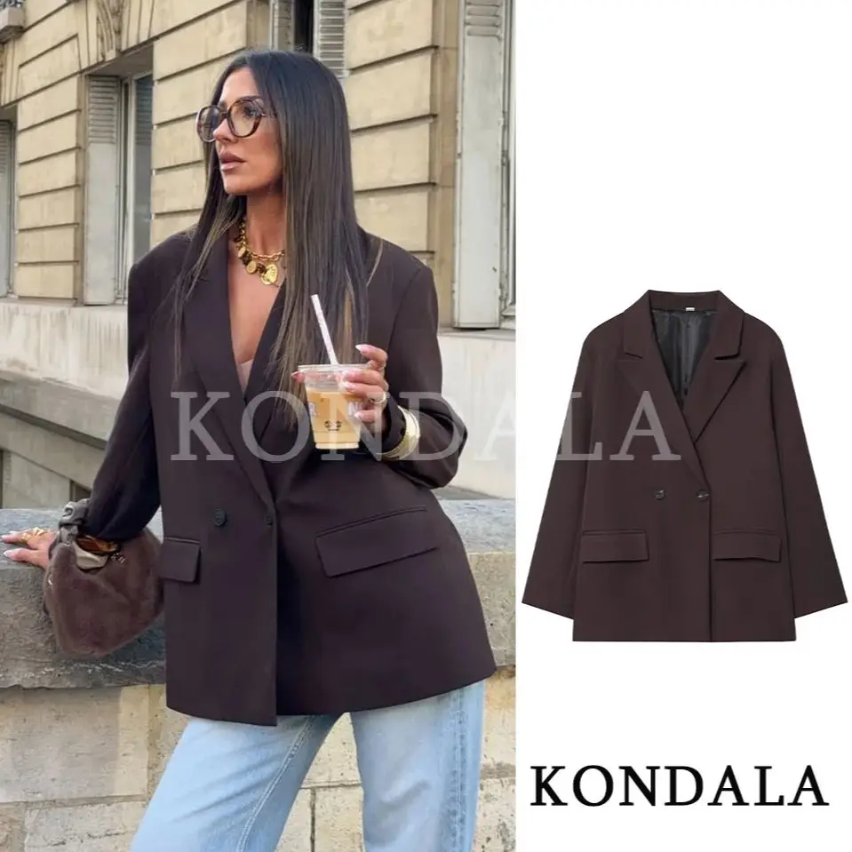 KONDALA Elegante Pendelen Double-Breasted Blazer Vrouwen Vintage Bruine Knoppen Blazer 2026 Lente Zomer Trendy Kantoor Dame Blazer - afbeelding 2
