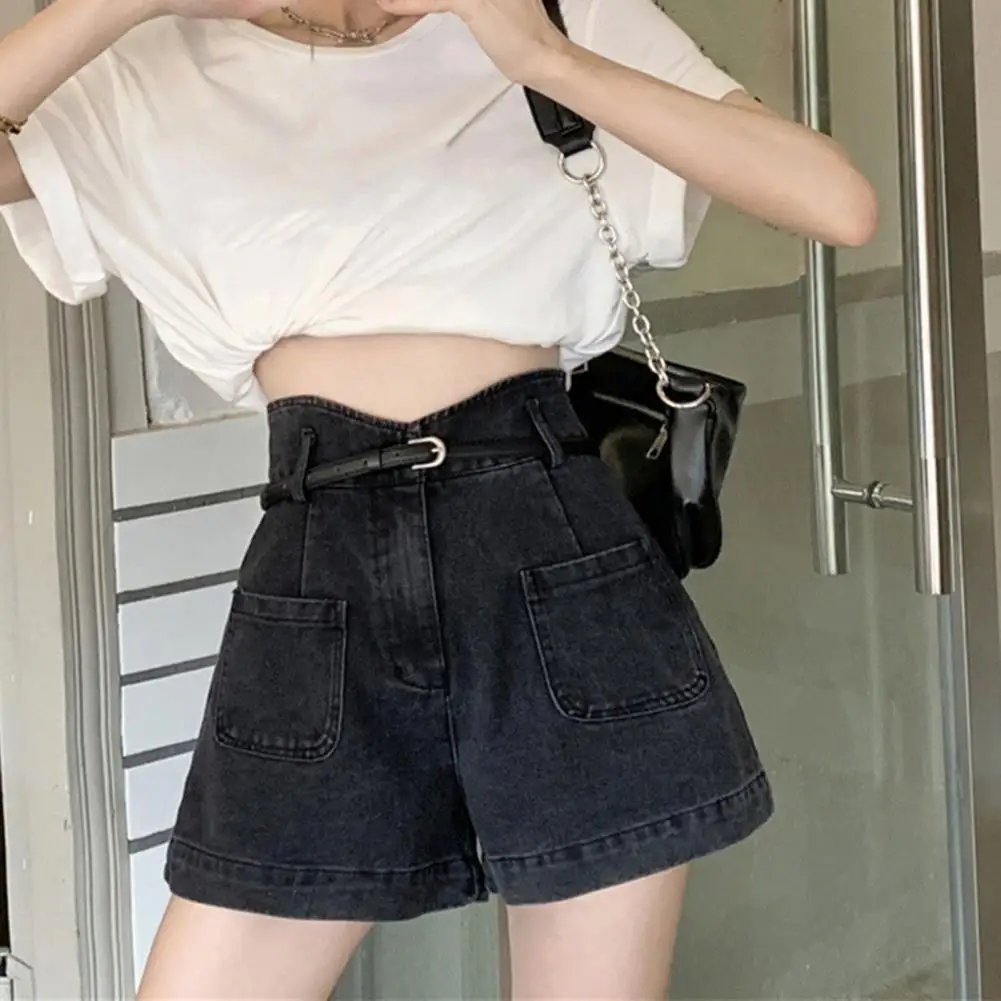 Women Denim Shorts Stylish High Waist Denim Cargo Shorts for Women Stretchy Wide Leg Summer Shorts with Pockets Trendy Fashion