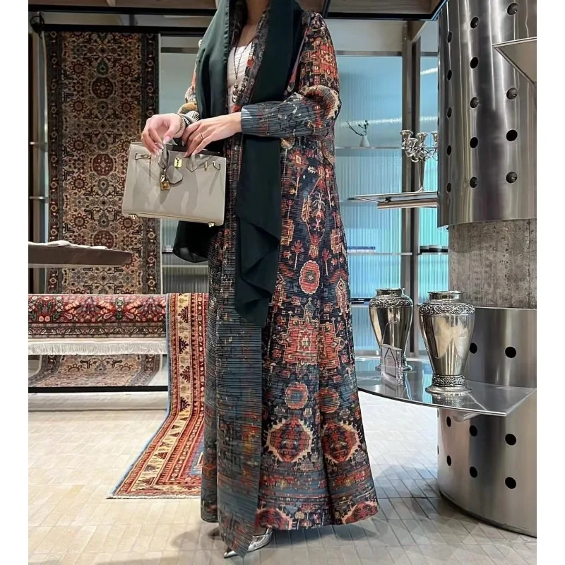 Women Abaya Vintage Printed Original Design Lapel Long Sleeved Cardigan Loose Big Collar Tied Arabian Female Luxury Abaya 2025