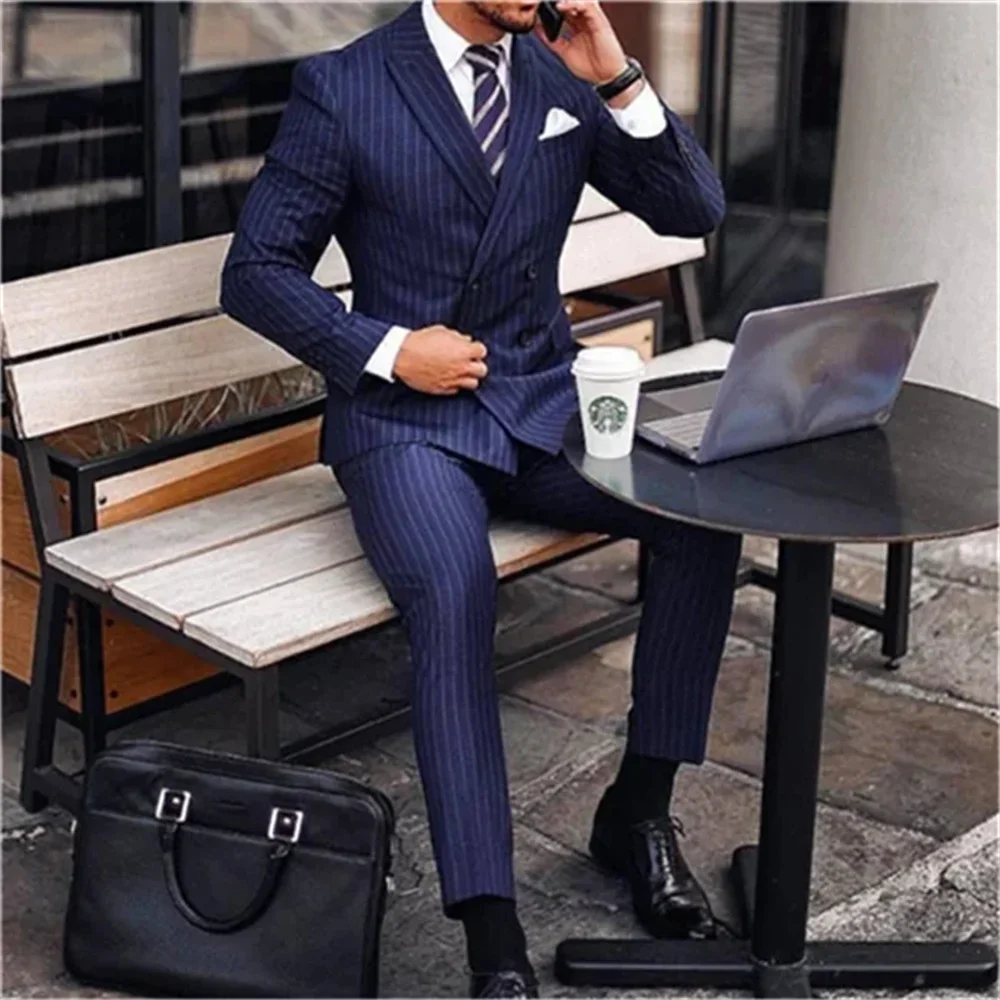 

Fashion Striped Suits for Men Slim Chic Peak Lapel Double Breasted 2 Piece Formal Business Casual Wedding Tuxedo (Blazer+Pants)