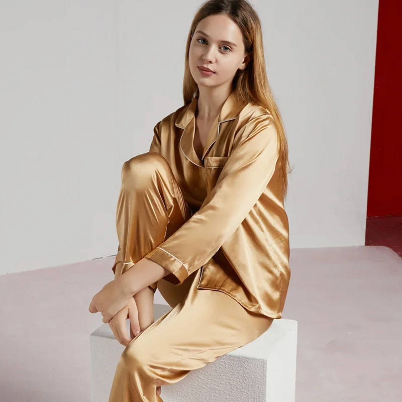 Multi Colors 100% Mulberry Silk Women's Long Sleeve Pajama Set for Autumn Comfortable Sleepwear Cardigan 2 Piece Pajamas Nighty