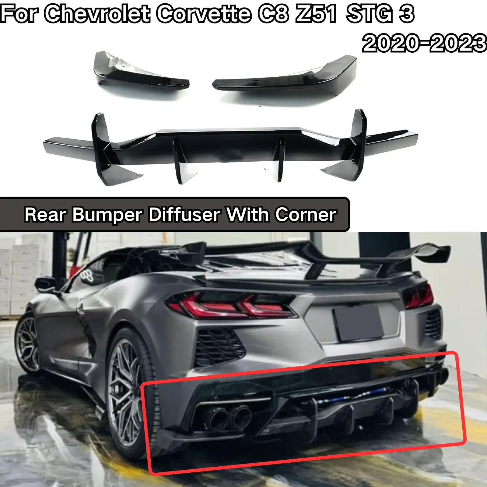 Rear Bumper Diffuser For Chevrolet Corvette C8 Z51 STG 3 2020-2023 Corner Extension Glossy Black Cars Accessories Auto Body Kit