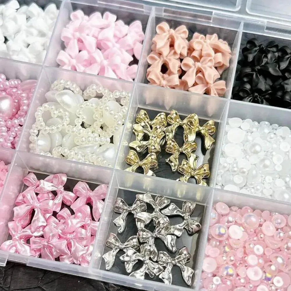 12Grids 3D Resin Pink White Bowknot Pearl Nail Charms Hollow Pearl Heart Acrylic flowers Y2k Nail Accessories Mixed Manicure Dec