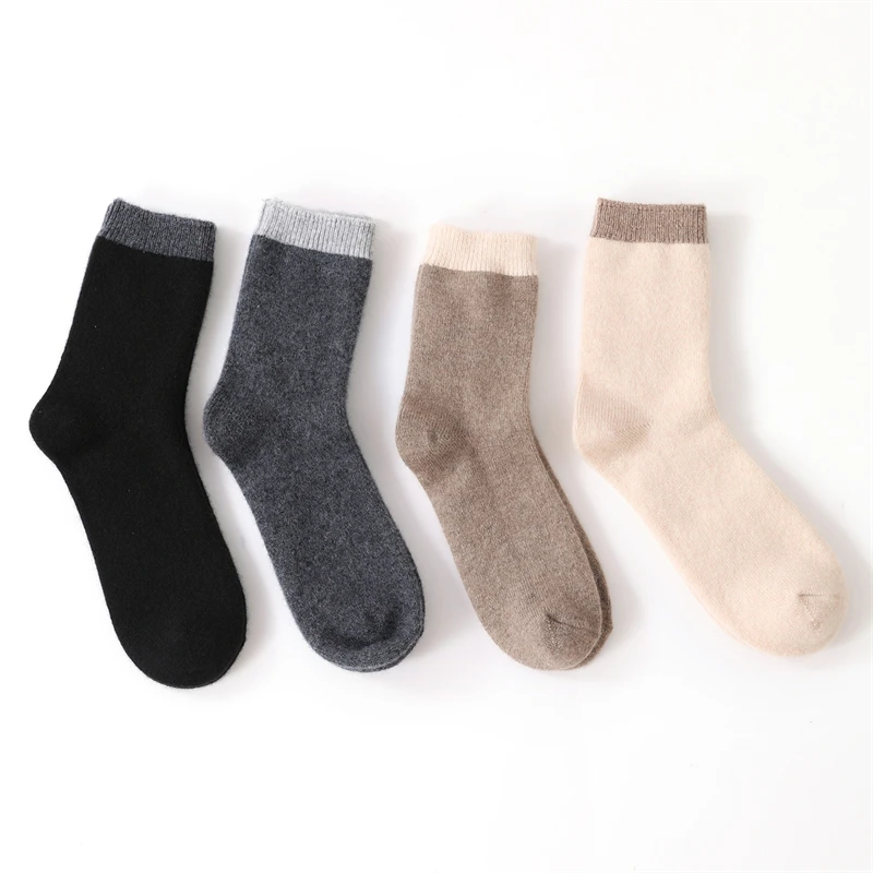 Autumn Winter Warm Thickened 100% Pure Cashmere Socks Men Women Color Matching Mid-Calf Socks plaid Knitted Long Socks