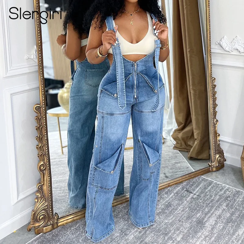 

Slergiri женский винтажный джинсовый комбинезон на молнии спереди, комбинезон, лето 202, американская уличная одежда, повседневный стираный прямой комбинезон
