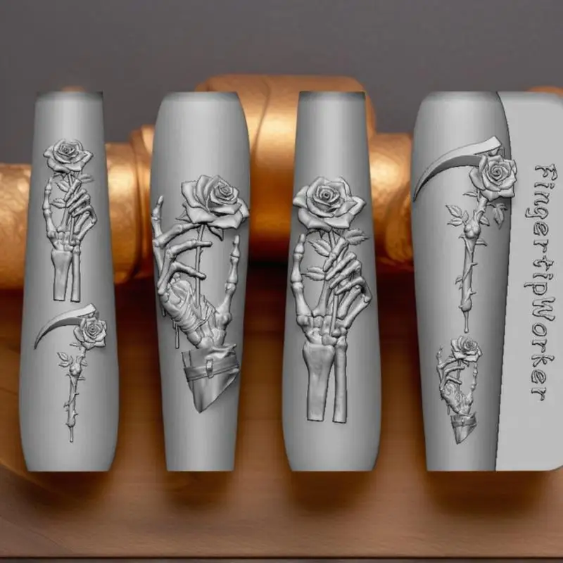 قوالب فنية للأظافر من السيليكون DIY بتصميم زهرة الورد والجمجمة، قوالب نحت شفافة لتقليم الأظافر الفريدة