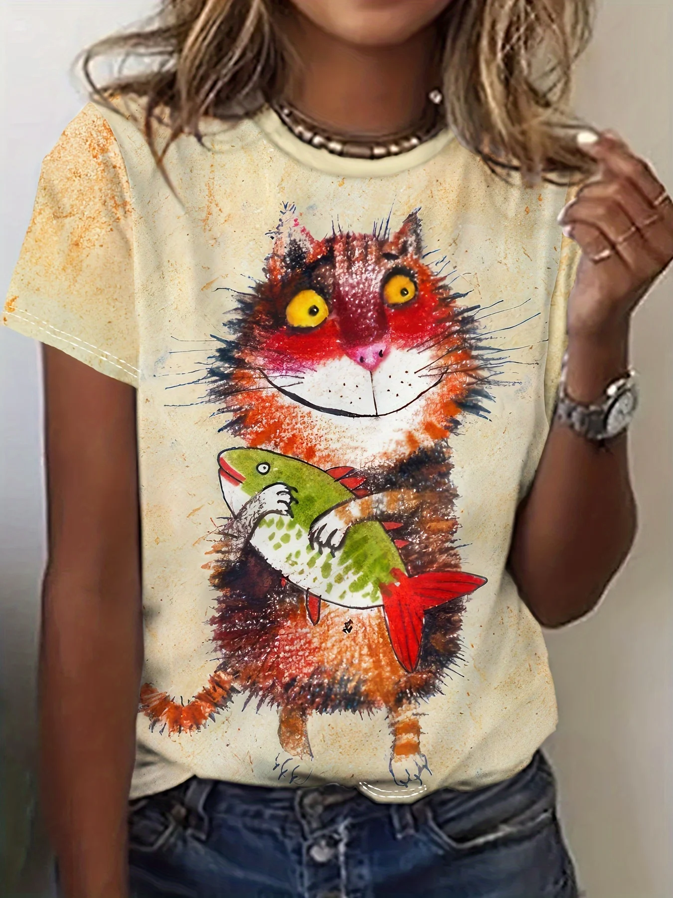 Women's T-Shirt Cat Print Design Harajuku Casual Short Sleeved Top Fashionable Trend Plus Size Women's Clothing