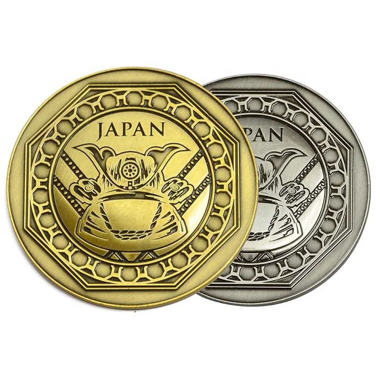 Antique Metal Challenge Coin with Gold Logo, Japanese Coin, Custom, Cheap, High Quality