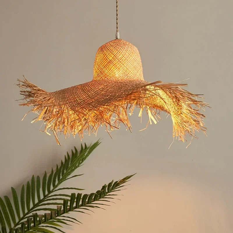 Nordic Wabi Sabi Pendant Lamp Handcrafted Straw Hat Hanging Changdelier Light Fixture for Restaurant Bar Bedroom Dining Room