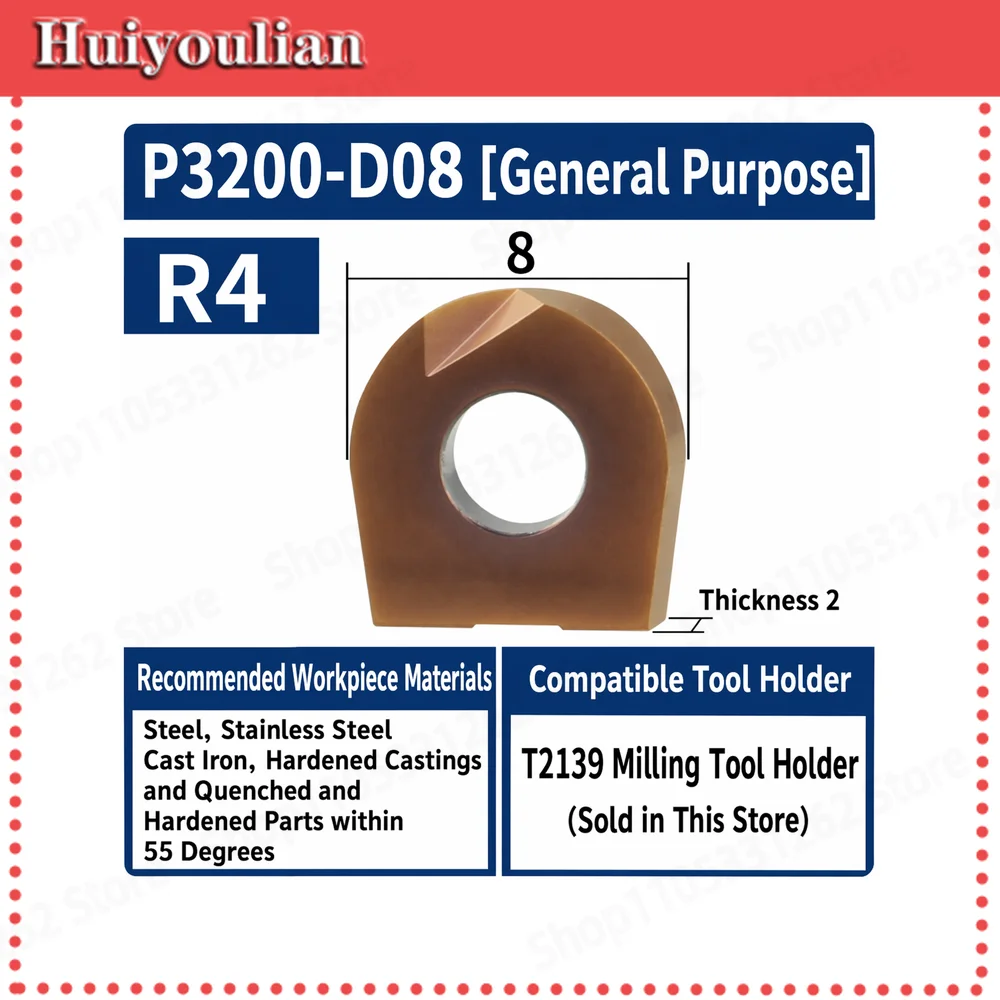 P3200-D08 Carbide Ball Nose Insert R4 General Purpose for Steel Stainless Cast Iron Hardened Steel HRC55