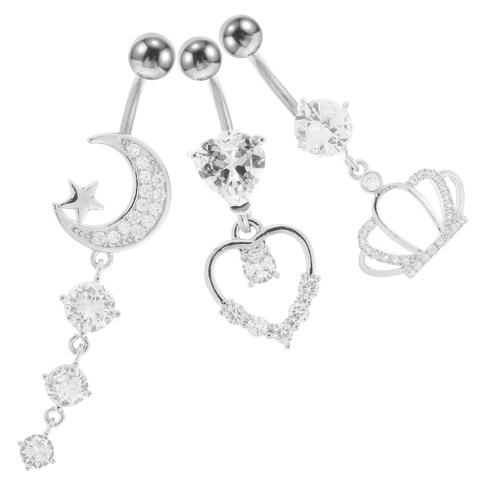 

3Pcs Zircon Peach Heart Crown Belly Button Rings Stylish Curved Navel Rings for Party Nightclub Beach Belly Piercing Jewelry