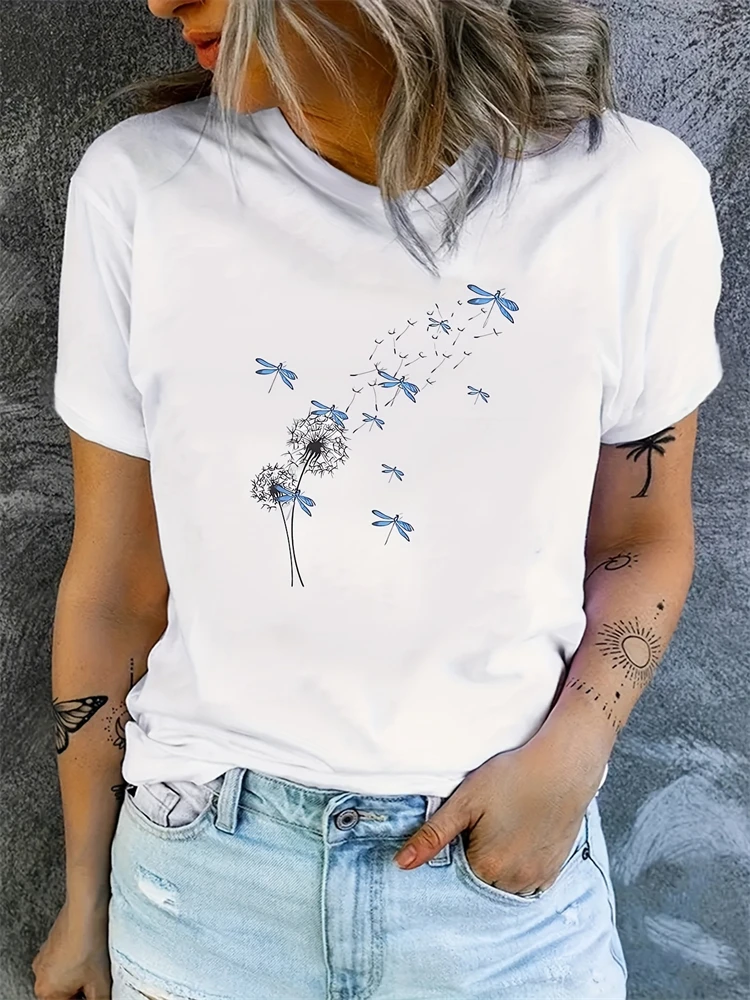 

Dragonfly Dandelion Printed Casual T Shirt Women's Street Loose Short Sleeve T Shirt Summer Round Neck Fashion T Shirt Womens