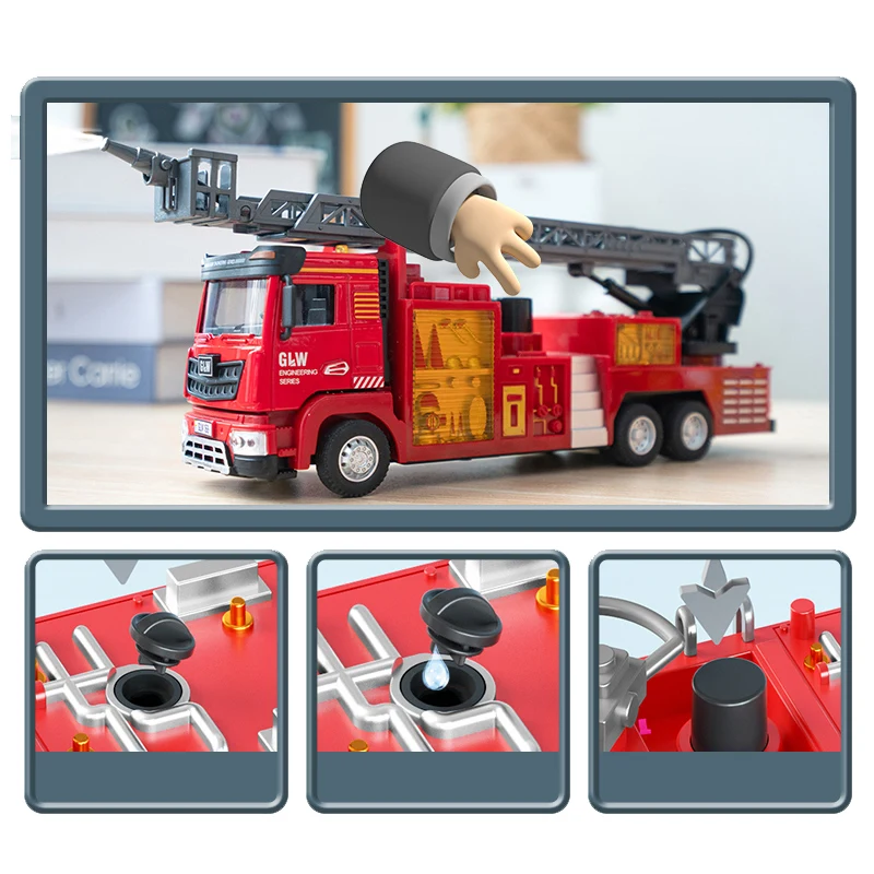 1:40 Fire Fighting Water Spray Truck Model Ladder Vehicle Kids Toys Alloy+Plastic Car Sound Light Pull Back Collection Boys Gift