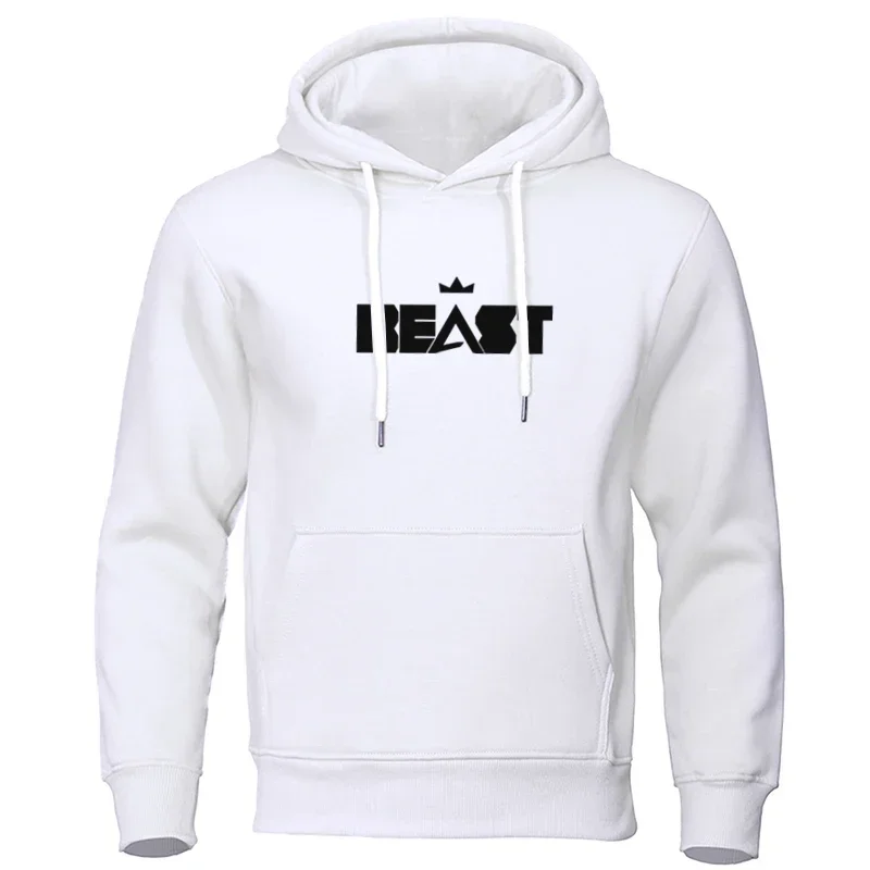 Fashion Men's Loose Hoodie With Beast Letter Print Trendy Male Hooded Fleece Pullover Sweatshirt Hip-Hop Street Wear