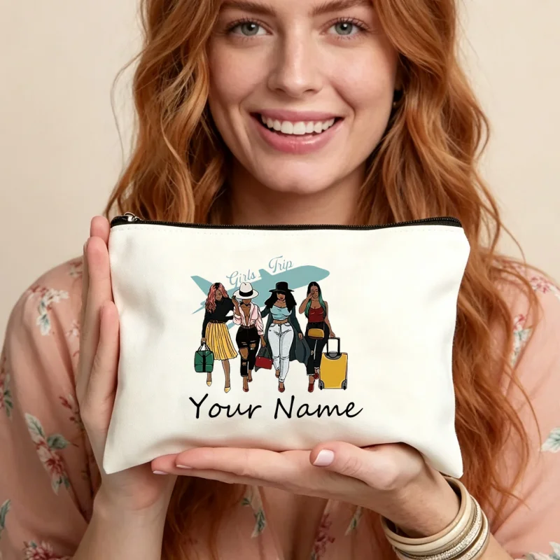 Girls Trip Makeup Bag Custom Name Travel Friends Canvas Cosmetic Pouch Vacation Toiletry Case Gift for Women Friends Make Up Bag