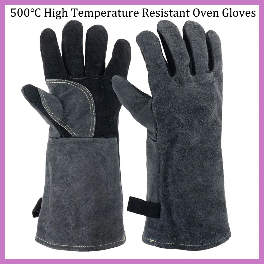 500℃ High Temperature Resistant Oven Gloves Cowhide Heat Insulation Anti-scalding BBQ Gloves Leather Forging And Welding Gloves