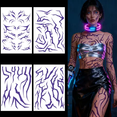 4 Sheet Kpop Arm Body Purple Lightning Tattoo Sticker Waterproof Lasting Temporary Tattoo