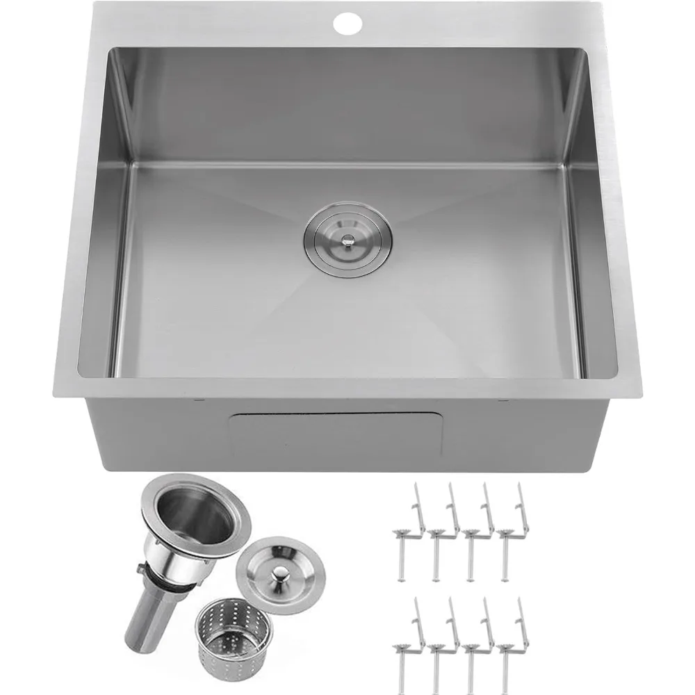 

25x22 Inch Top Mount Drop-in Kitchen Sink in Brushed Nickel, 16 Gauge 304 Stainless Steel for RV and Laundry Utility