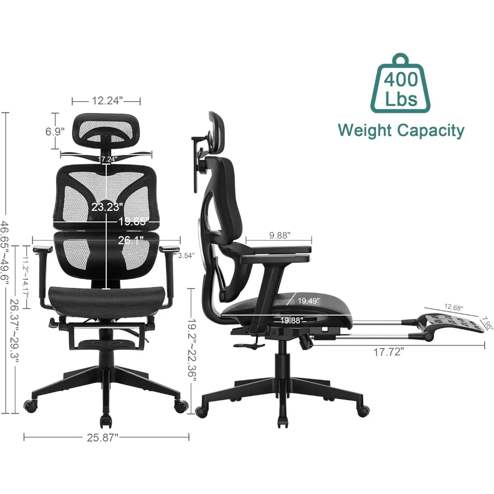 كرسي مكتب شبكي مريح عالي الظهر مع مسند قدم قابل للسحب، ودعم قطني قابل للتعديل، وآلية إمالة، وضبط ثلاثي الأبعاد