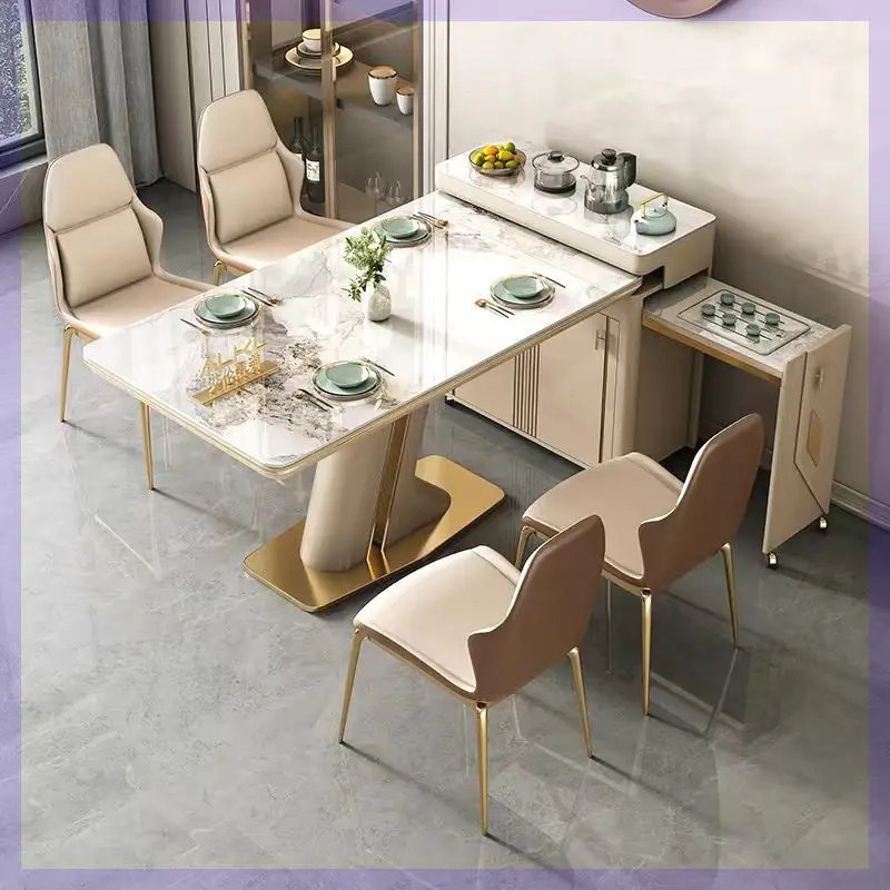 

Island table integrated small apartment rock slab retractable household light luxury high-end kitchen mobile tea table