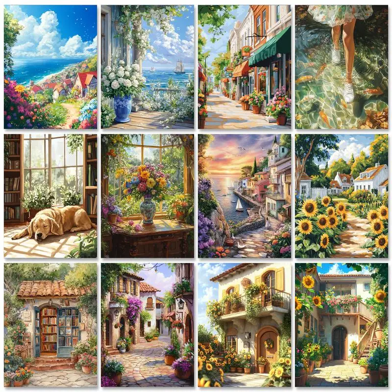 

RUOPOTY Frame Diy Painting By Numbers For Adults Kits Illustration Landscape Flowers House Drawing Picture By Numbers Starter Ki