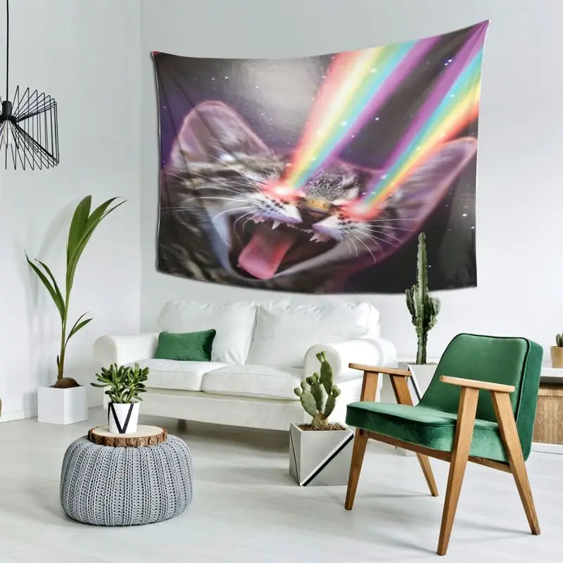 VIKAMA Starry Sky Rainbow Laser Eye Funny Cat Tapestry Background Cloth Wall Hanging Trendy Room Decoration