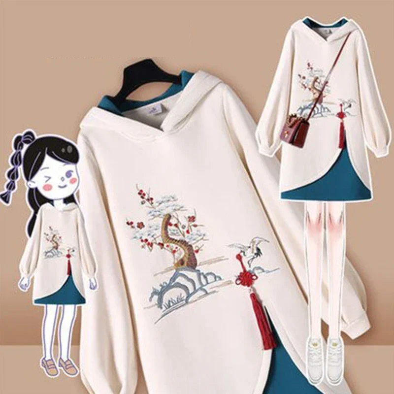 Xgoth Women's Autumn Winter Long Sweatshirt Dress 2023 High Street Chinese Style Hanfu Improvement Embroidery Patchwork Hoodies