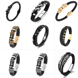 Men's Stainless Steel Gothic Gold Color Skull Leather Braided Bracelet Classic Punk Rock Party Jewelry Accessories