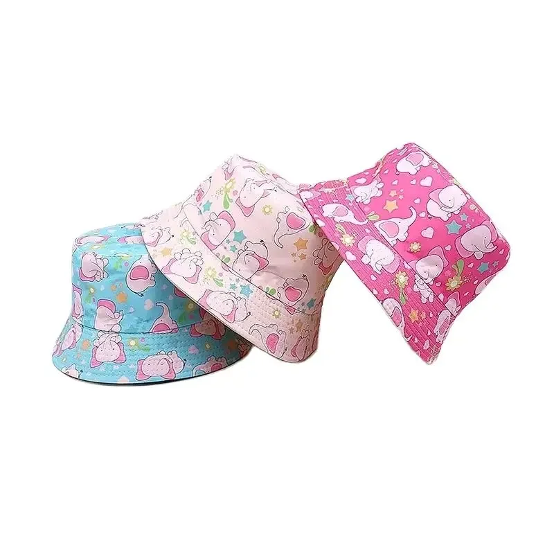 Spring Polyester Cartoon Elephant Print Bucket Hat Outdoor Travel Sun Cap for Child Boy and Girl 82