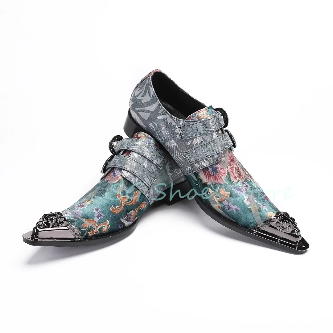 

Fashion Belt Buckle Decor Pointed Toe Chunky Heel Loafers for Men Mixed Color Checkered Shallow Derby Shoes Male Leisure Shoes