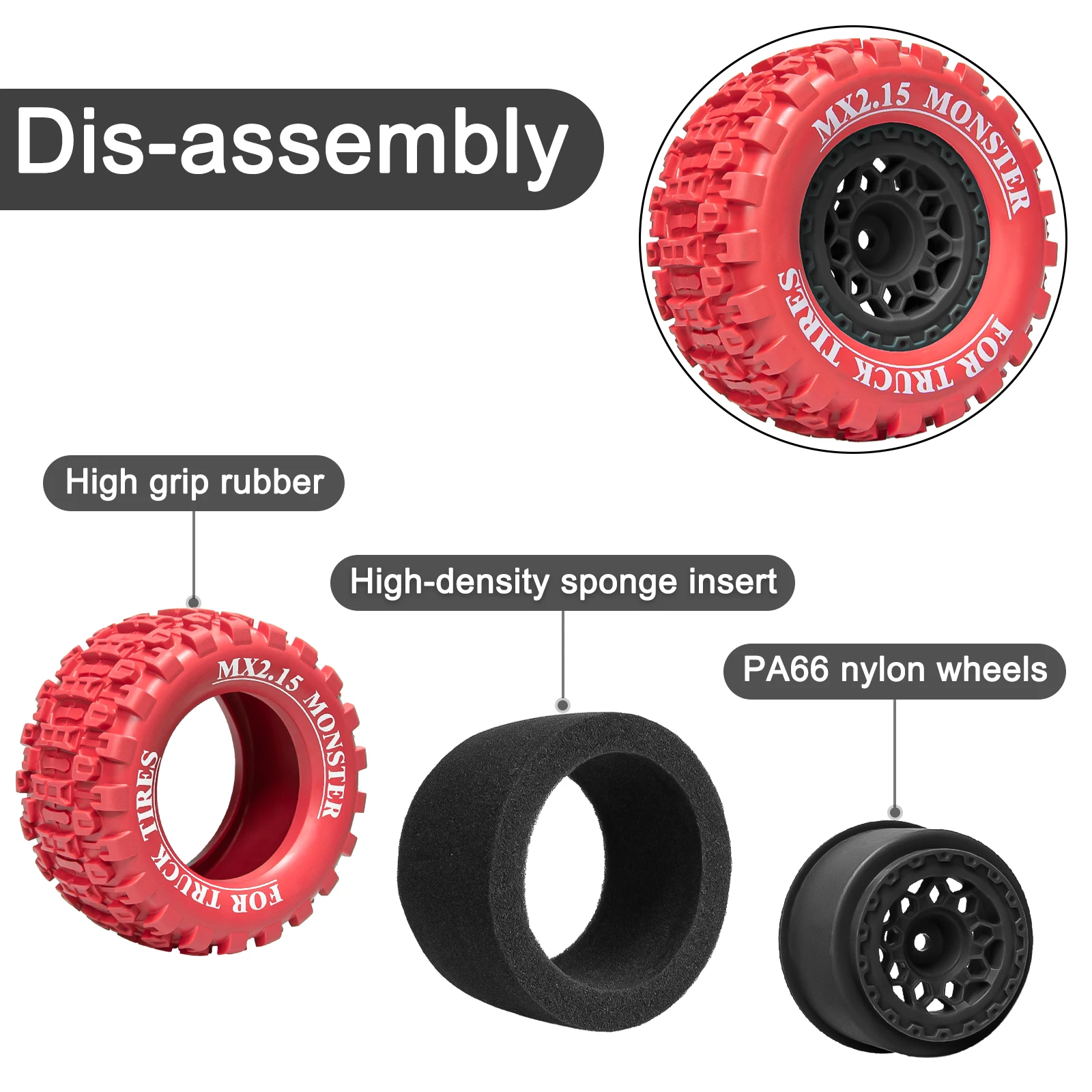 Okhl mx2.15 Polegada rc rodas aro pneus coloridos 4 pçs para neve lama terreno 1/14 1/16 rc monster truck 1/16 mini maxx acessórios