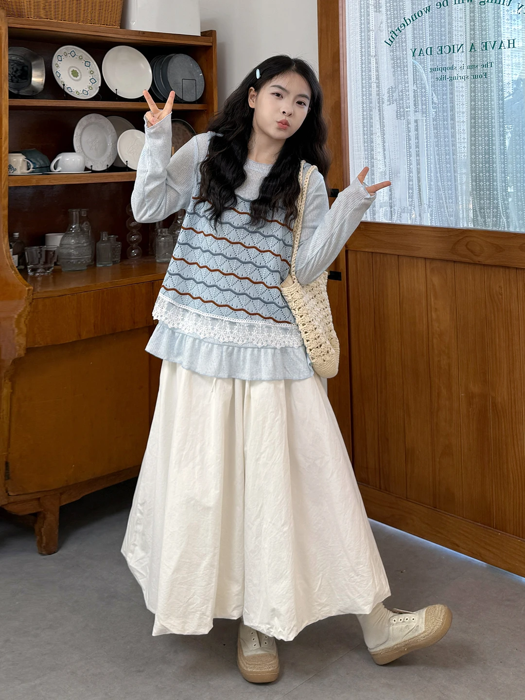 

Комплект из трех предметов: ретро-жилет в полоску и юбка, повседневный свободный многослойный универсальный весенний модный женский костюм в корейском стиле, большие размеры