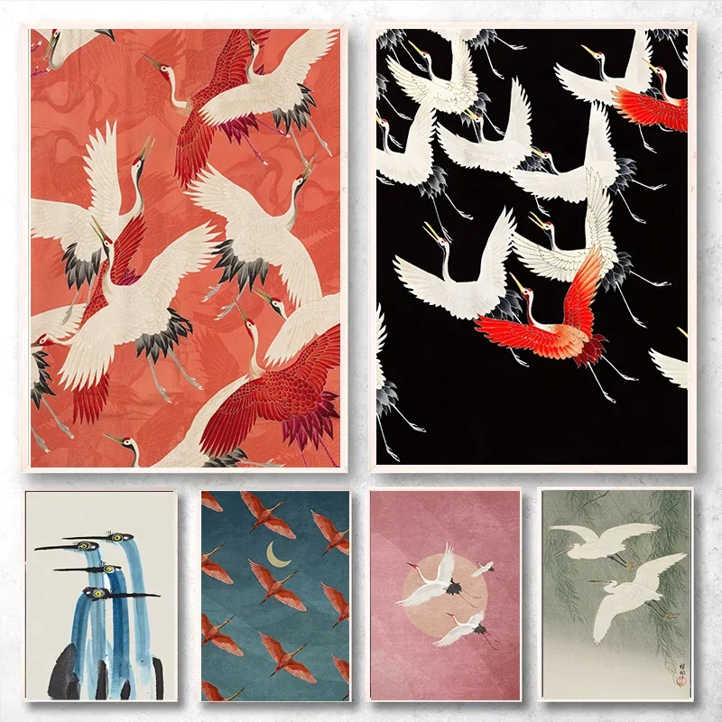 Red Crane Hokusai Eclectic Gallery Wall Art Prints Blue Heron Canvas Painting Nordic Posters Coastal Wall Pictures Home Decor